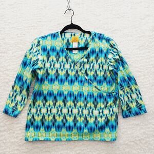 T-Shirt Teal Blue Ikat Boho Tribal Y2K Whimsycore Vacation Casual Resort Size M